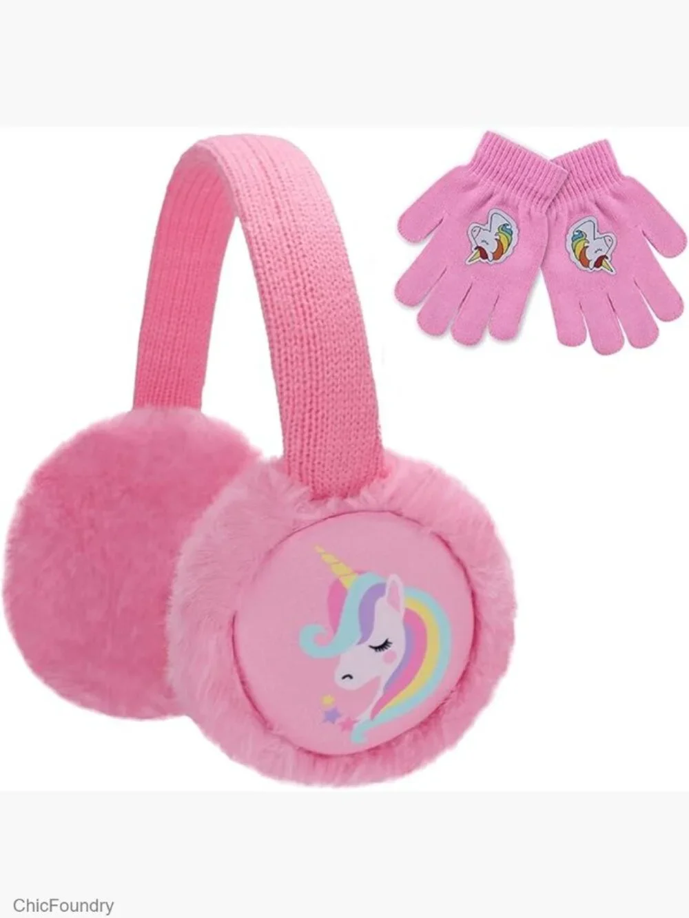 Kids Knit Unicorn Earmuffs and Gloves Set Plush Winter Ear Warmers Mittens